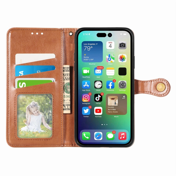 For iPhone 15 Retro Solid Color Buckle Leather Phone Case(Brown)