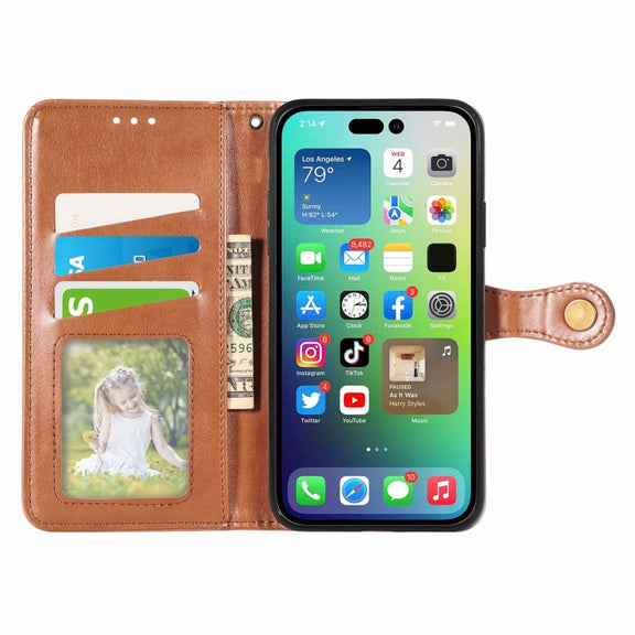 For iPhone 15 Retro Solid Color Buckle Leather Phone Case(Brown)