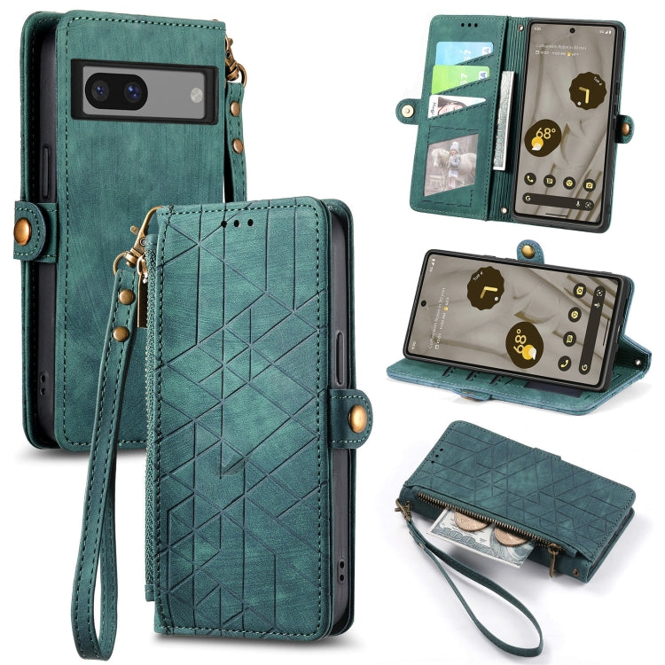 For Google Pixel 6a Geometric Zipper Wallet Side Buckle Leather Phone Case(Green)