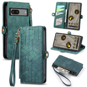 For Google Pixel 6a Geometric Zipper Wallet Side Buckle Leather Phone Case(Green)