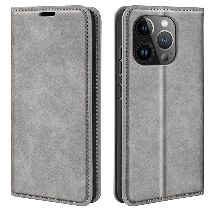 For iPhone 15 Pro Retro-skin Magnetic Suction Leather Phone Case(Grey)