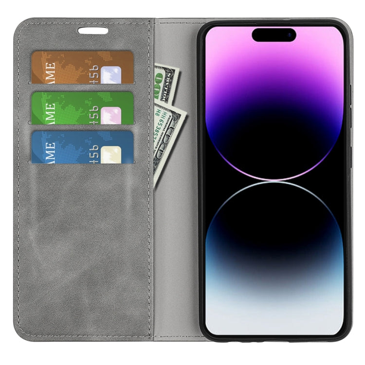 For iPhone 15 Pro Retro-skin Magnetic Suction Leather Phone Case(Grey)