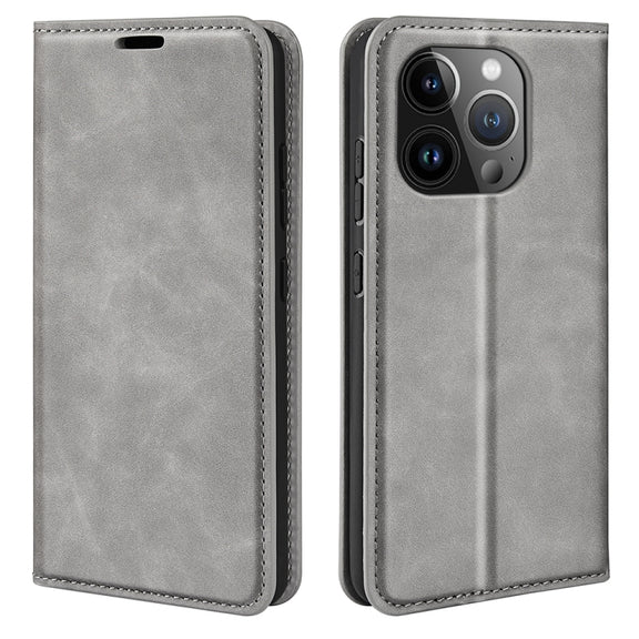 For iPhone 15 Pro Retro-skin Magnetic Suction Leather Phone Case(Grey)