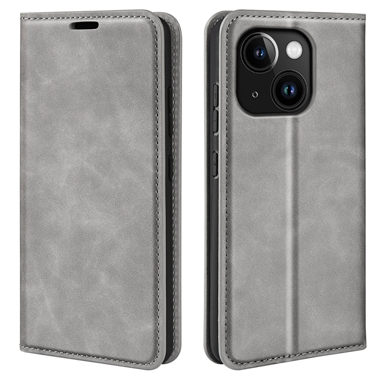 For iPhone 15 Plus Retro-skin Magnetic Suction Leather Phone Case(Grey)