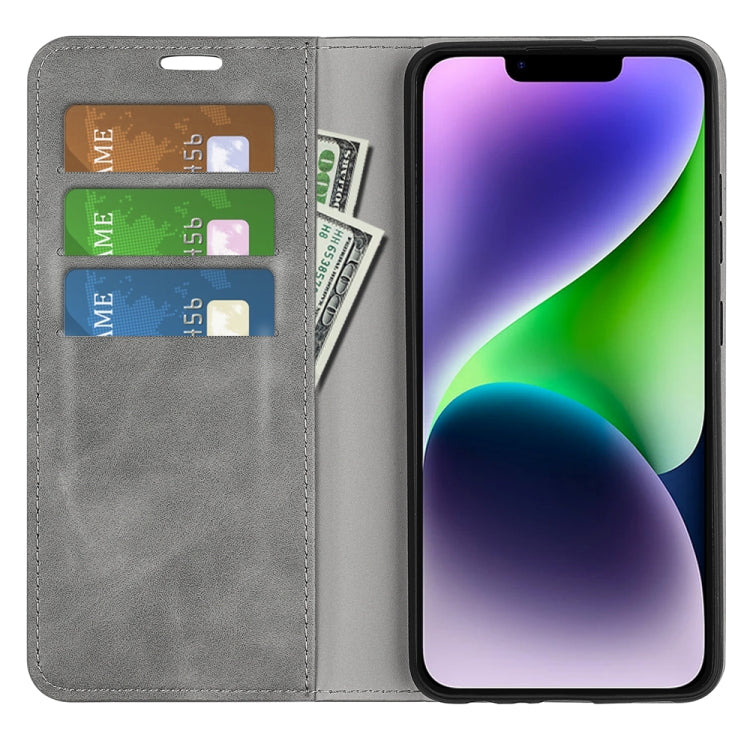 For iPhone 15 Plus Retro-skin Magnetic Suction Leather Phone Case(Grey)