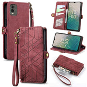 For Nokia C32 Geometric Zipper Wallet Side Buckle Leather Phone Case(Red)