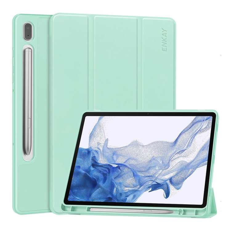 For Samsung Galaxy Tab S9 ENKAY Tri-fold Custer Leather TPU Bottom Smart Case with Pen Slot(Light Green)