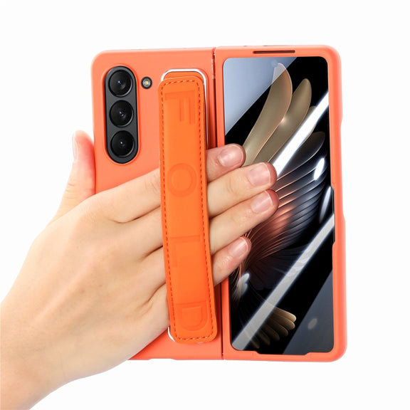 For   Samsung   Galaxy Z Fold5  5G Integrated Wristband Genuine Leather Phone Case(Orange)