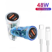 P35 48W PD30W + QC3.0 18W USB Transparent Car Charger with Type-C to 8 Pin Phone Data Cable(Transparent)