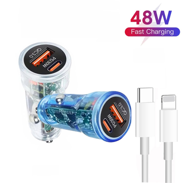 P35 48W PD30W + QC3.0 18W USB Transparent Car Charger with Type-C to 8 Pin Phone Data Cable(Transparent Blue)