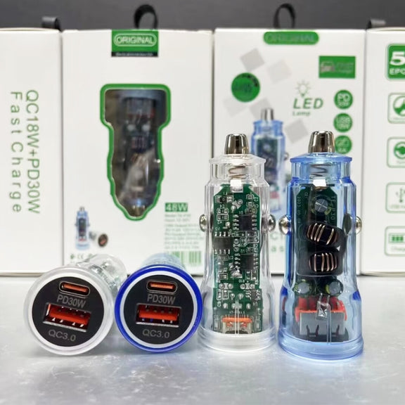 P35 48W PD30W + QC3.0 18W USB Transparent Car Charger with Type-C to 8 Pin Phone Data Cable(Transparent)
