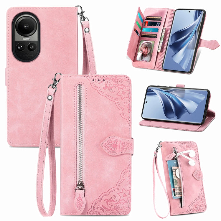 For OPPO Reno10 /10 Pro Global Embossed Flower Zipper Leather Phone Case(Pink)