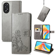 For OPPO A38 Four-leaf Clasp Embossed Buckle Leather Phone Case(Grey)