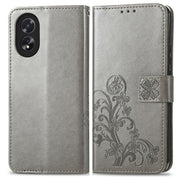 For OPPO A38 Four-leaf Clasp Embossed Buckle Leather Phone Case(Grey)
