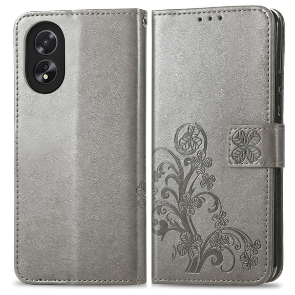 For OPPO A38 Four-leaf Clasp Embossed Buckle Leather Phone Case(Grey)