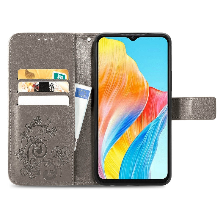 For OPPO A38 Four-leaf Clasp Embossed Buckle Leather Phone Case(Grey)