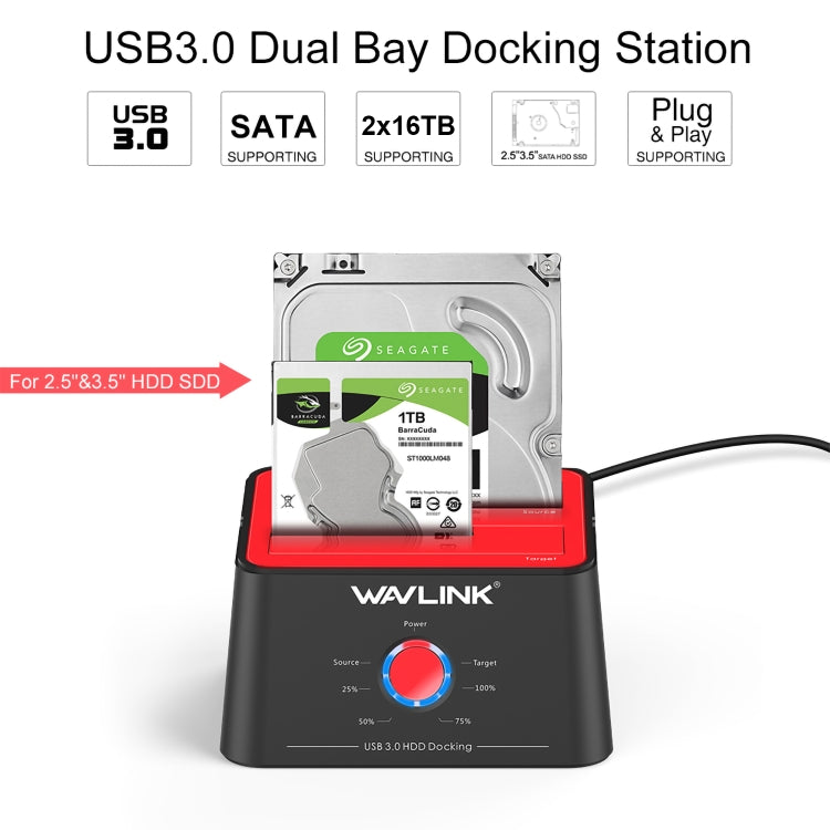 Wavlink ST334U SSD Dual Bay External Hard Drive Docking Station USB 3.0 to SATA I/II/III(EU Plug)