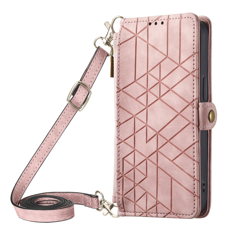 For iPhone 14 Pro Max Geometric Zipper Wallet Side Buckle Leather Phone Case with Crossbody Lanyard(Pink)