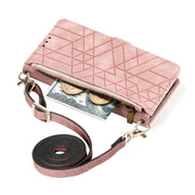 For iPhone 14 Pro Max Geometric Zipper Wallet Side Buckle Leather Phone Case with Crossbody Lanyard(Pink)