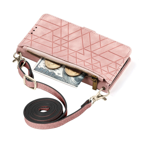For iPhone 14 Pro Max Geometric Zipper Wallet Side Buckle Leather Phone Case with Crossbody Lanyard(Pink)