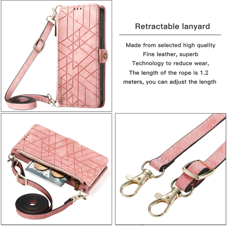 For iPhone 14 Pro Max Geometric Zipper Wallet Side Buckle Leather Phone Case with Crossbody Lanyard(Pink)