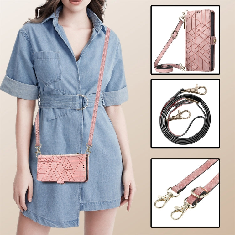 For iPhone 14 Pro Max Geometric Zipper Wallet Side Buckle Leather Phone Case with Crossbody Lanyard(Pink)