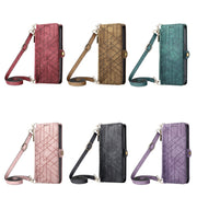 For iPhone 14 Pro Max Geometric Zipper Wallet Side Buckle Leather Phone Case with Crossbody Lanyard(Pink)