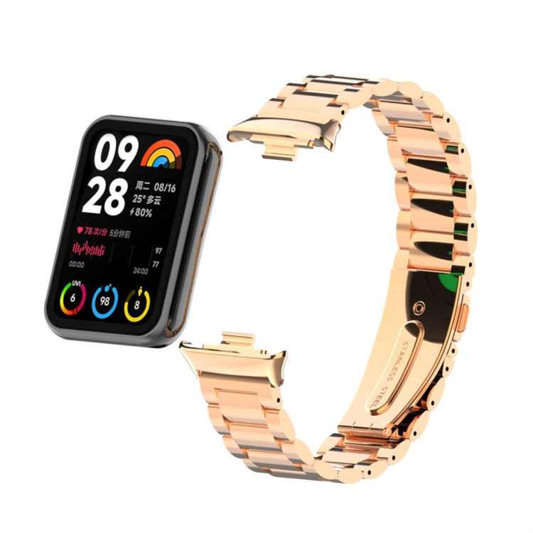 For Xiaomi Mi Band 8 Pro Three Bead Metal Stainless Steel Watch Band(Rose Gold)