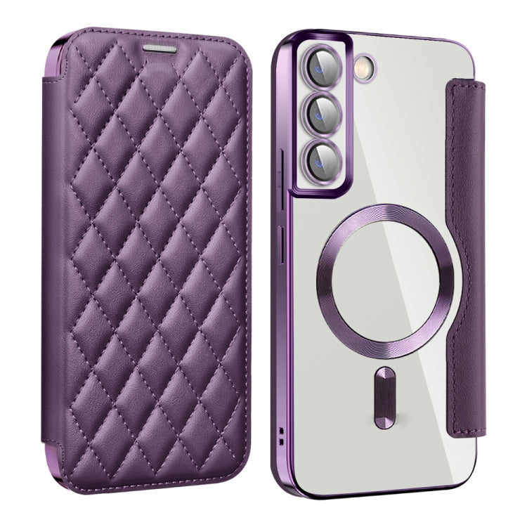 For Samsung Galaxy S23 5G Shield MagSafe RFID Anti-theft Rhombus Leather Phone Case(Purple)