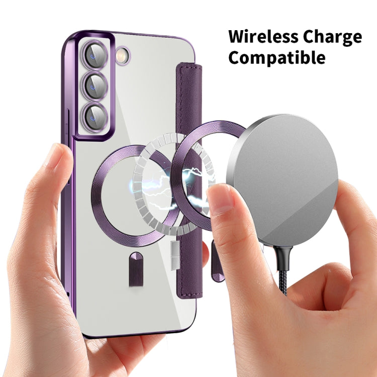 For Samsung Galaxy S23 5G Shield MagSafe RFID Anti-theft Rhombus Leather Phone Case(Purple)
