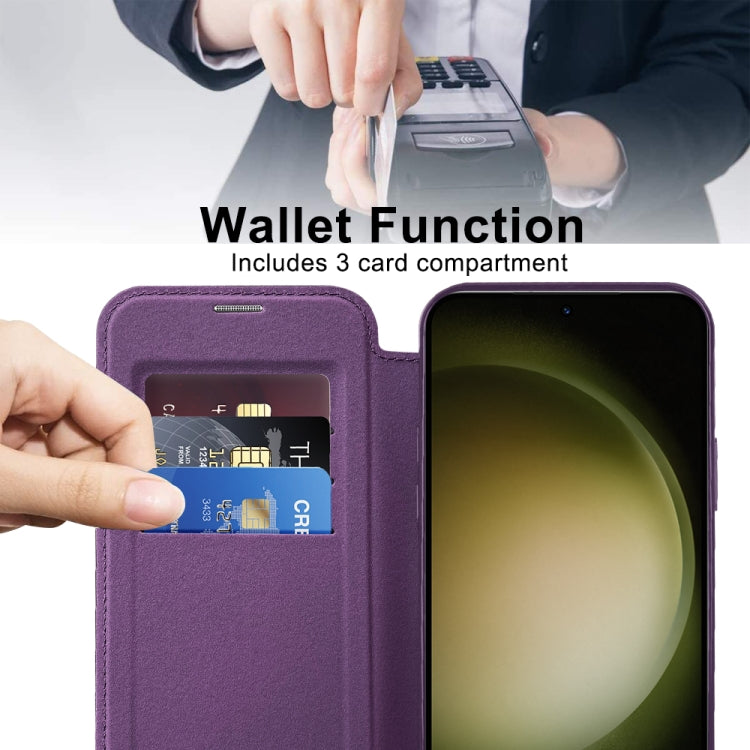 For Samsung Galaxy S23 5G Shield MagSafe RFID Anti-theft Rhombus Leather Phone Case(Purple)