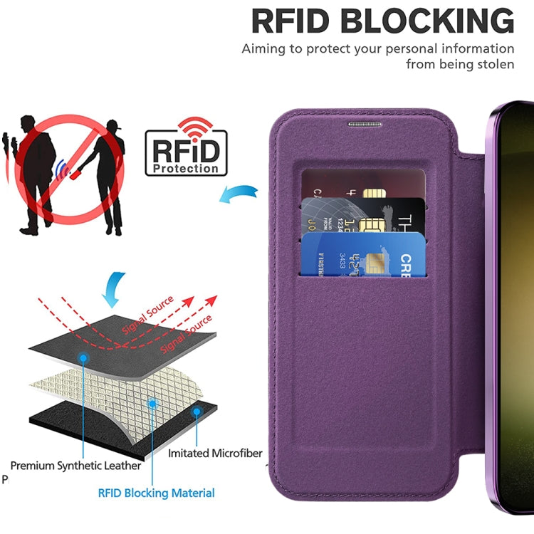 For Samsung Galaxy S23 5G Shield MagSafe RFID Anti-theft Rhombus Leather Phone Case(Purple)