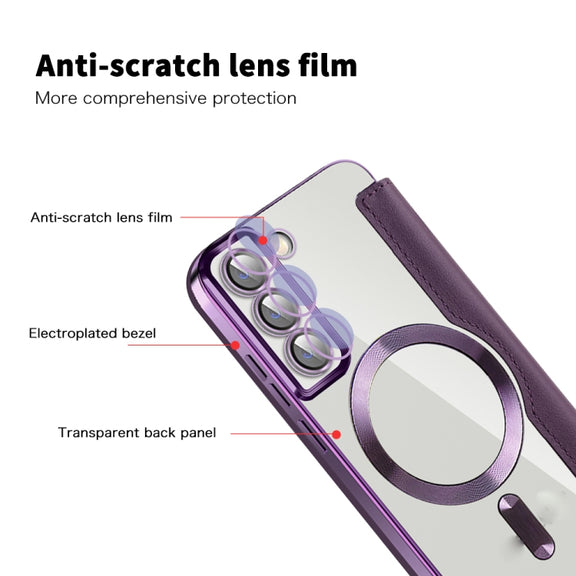For Samsung Galaxy S23 5G Shield MagSafe RFID Anti-theft Rhombus Leather Phone Case(Purple)