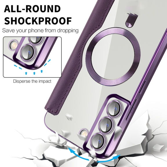 For Samsung Galaxy S23 5G Shield MagSafe RFID Anti-theft Rhombus Leather Phone Case(Purple)