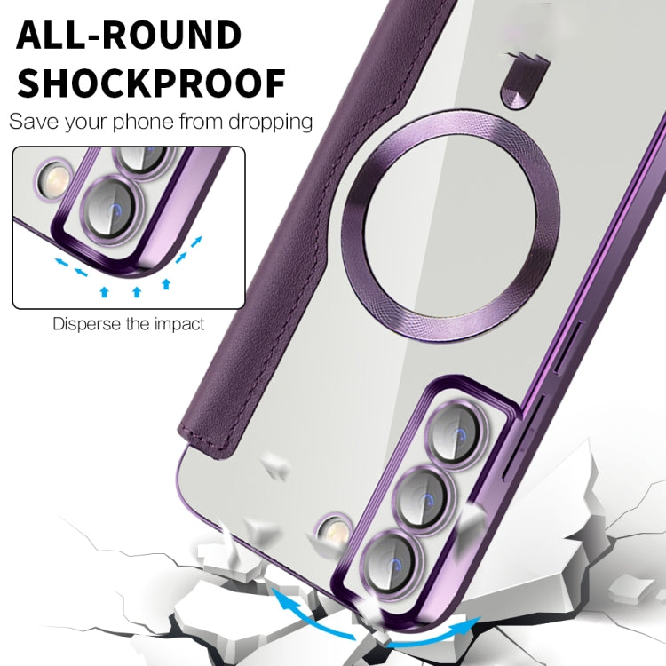 For Samsung Galaxy S23 5G Shield MagSafe RFID Anti-theft Rhombus Leather Phone Case(Purple)