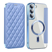 For Samsung Galaxy S23 5G Shield Magsafe RFID Anti-theft Rhombus Leather Phone Case(Blue)