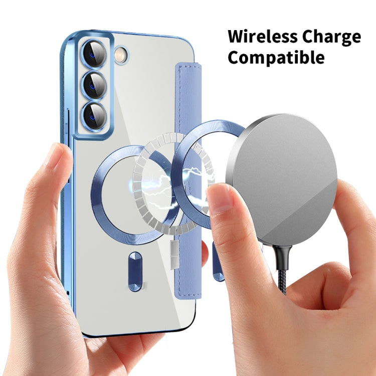 For Samsung Galaxy S23 5G Shield Magsafe RFID Anti-theft Rhombus Leather Phone Case(Blue)