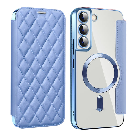 For Samsung Galaxy S23 5G Shield Magsafe RFID Anti-theft Rhombus Leather Phone Case(Blue)