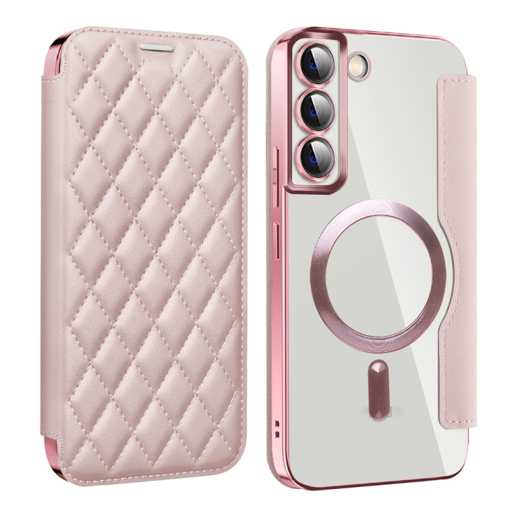 For Samsung Galaxy S23 5G Shield MagSafe RFID Anti-theft Rhombus Leather Phone Case(Pink)