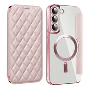 For Samsung Galaxy S23 5G Shield MagSafe RFID Anti-theft Rhombus Leather Phone Case(Pink)