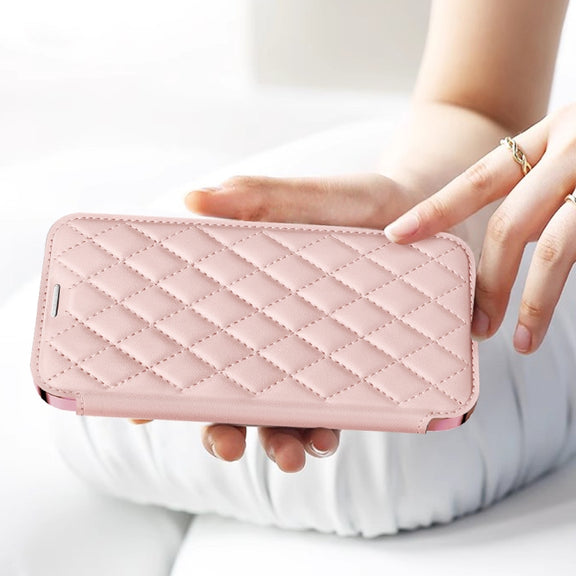 For Samsung Galaxy S23 5G Shield MagSafe RFID Anti-theft Rhombus Leather Phone Case(Pink)