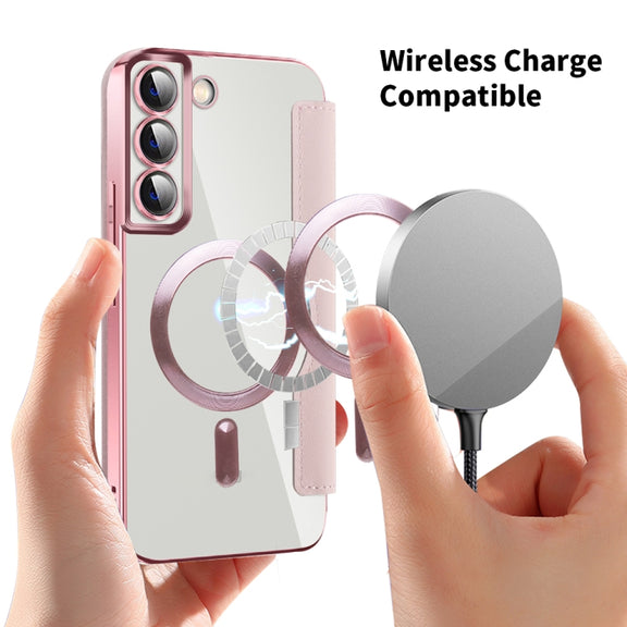 For Samsung Galaxy S23 5G Shield MagSafe RFID Anti-theft Rhombus Leather Phone Case(Pink)