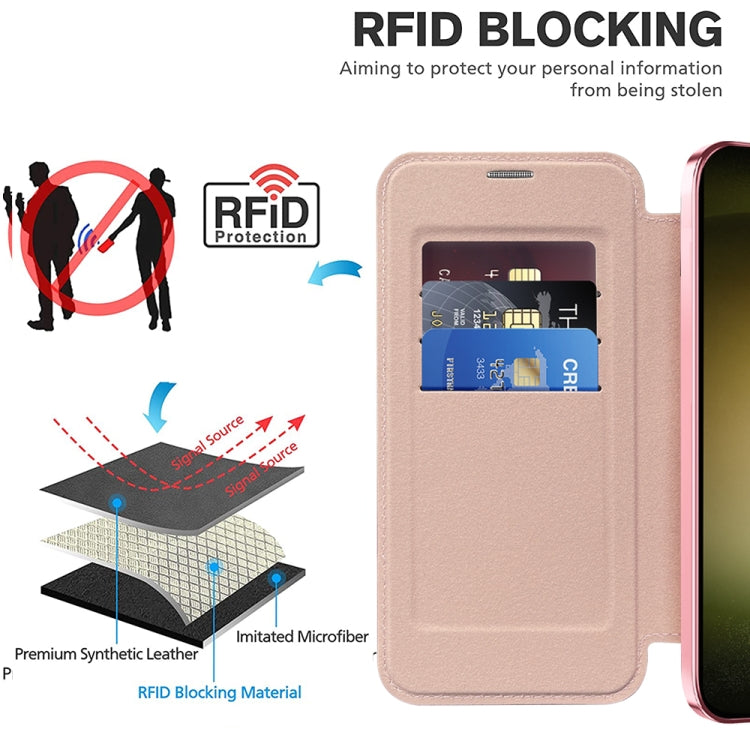 For Samsung Galaxy S23 5G Shield MagSafe RFID Anti-theft Rhombus Leather Phone Case(Pink)
