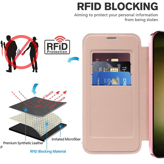 For Samsung Galaxy S23 5G Shield MagSafe RFID Anti-theft Rhombus Leather Phone Case(Pink)