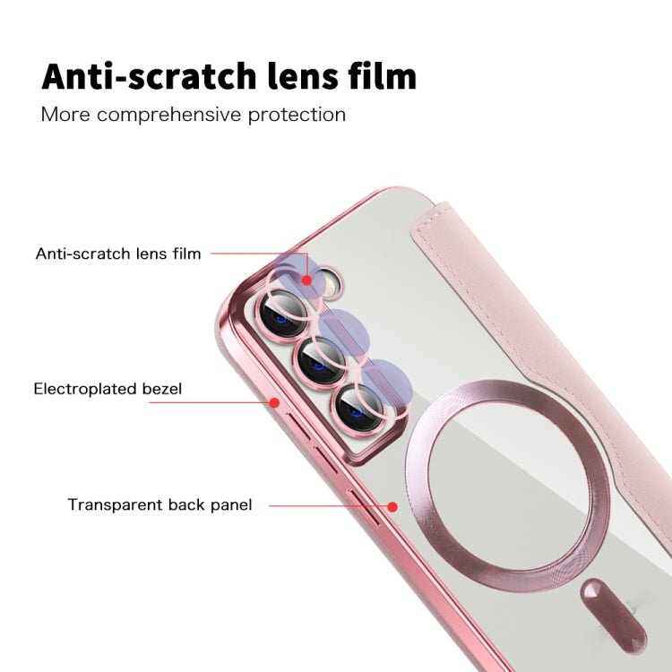 For Samsung Galaxy S23 5G Shield MagSafe RFID Anti-theft Rhombus Leather Phone Case(Pink)