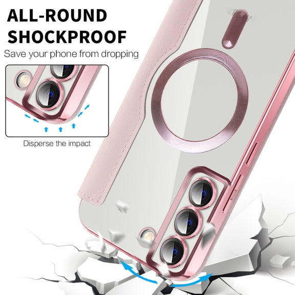 For Samsung Galaxy S23 5G Shield MagSafe RFID Anti-theft Rhombus Leather Phone Case(Pink)