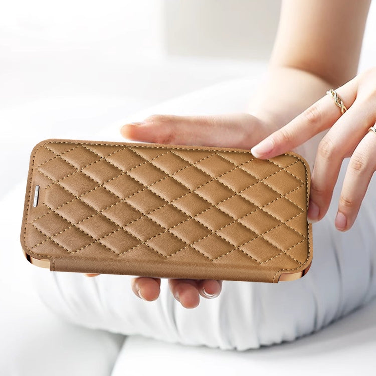 For Samsung Galaxy S23 5G Shield Magsafe RFID Anti-theft Rhombus Leather Phone Case(Brown)