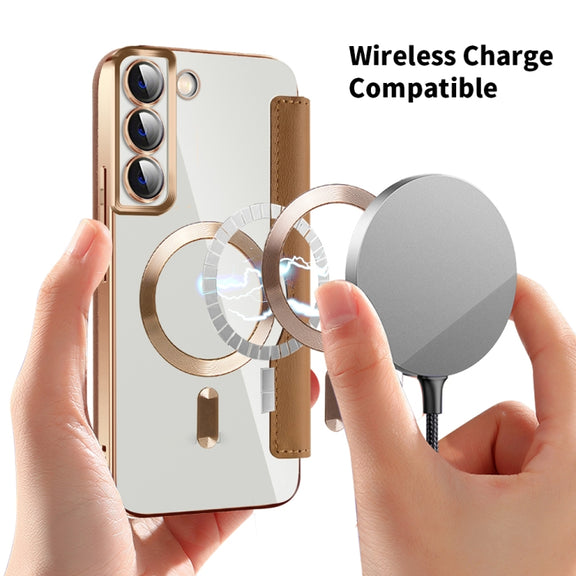 For Samsung Galaxy S23 5G Shield Magsafe RFID Anti-theft Rhombus Leather Phone Case(Brown)