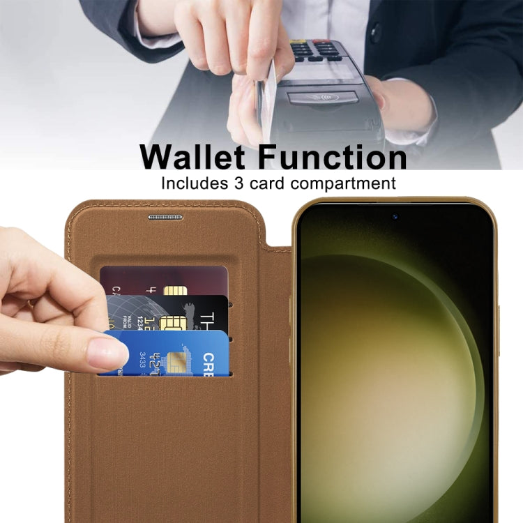 For Samsung Galaxy S23 5G Shield Magsafe RFID Anti-theft Rhombus Leather Phone Case(Brown)