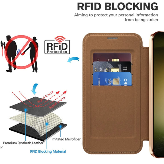 For Samsung Galaxy S23 5G Shield Magsafe RFID Anti-theft Rhombus Leather Phone Case(Brown)